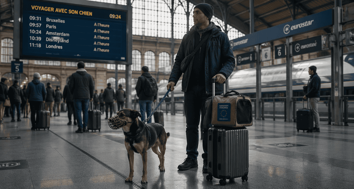 Chien Eurostar en gare avec maître