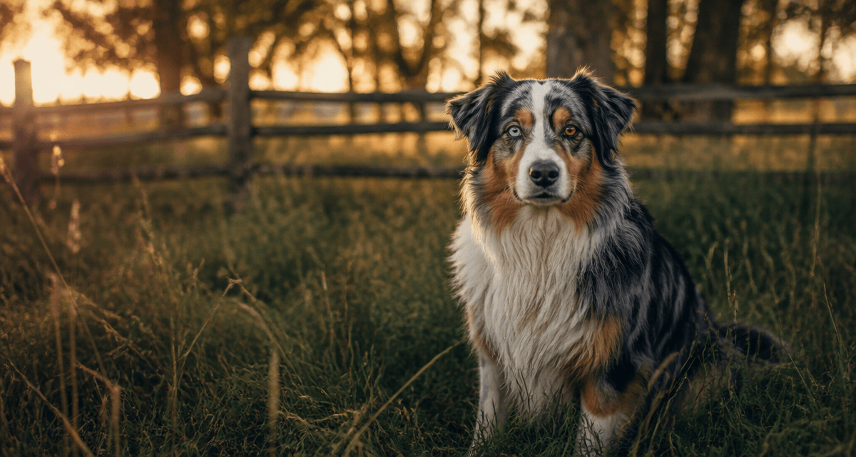 berger australien yeux vairons assis dans l'herbe