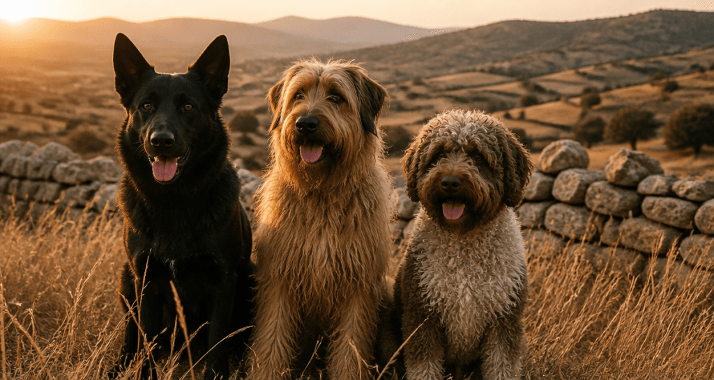 Trois bergers espagnols posent dans une prairie