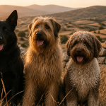 Trois bergers espagnols posent dans une prairie