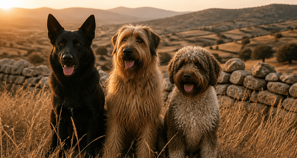 Trois bergers espagnols posent dans une prairie