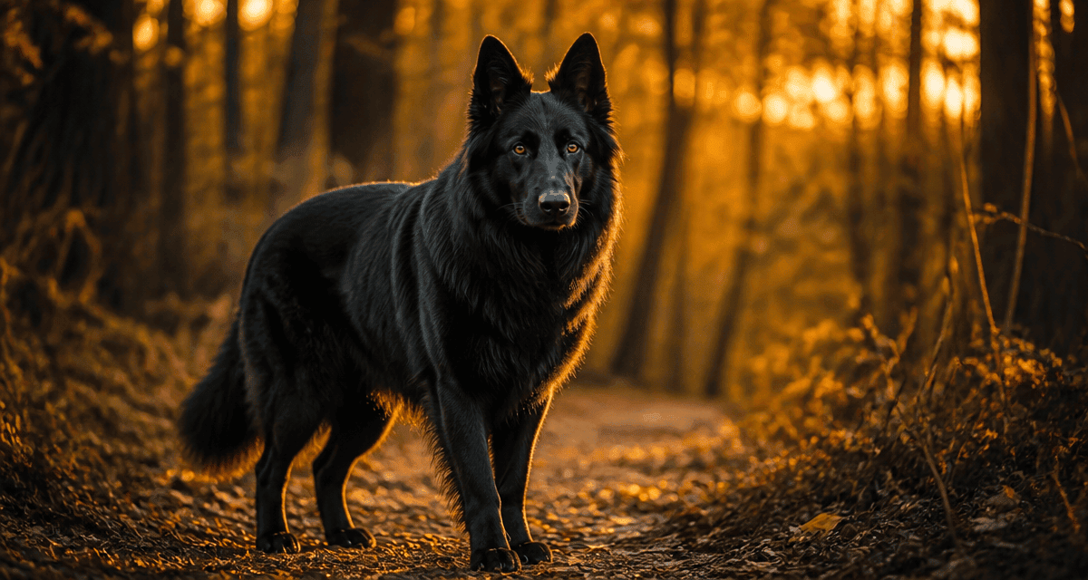 berger suisse noir sur sentier forestier au coucher de soleil