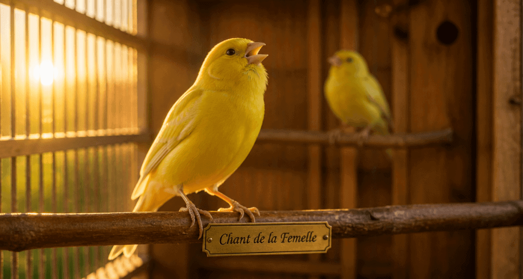 chant du canari femelle sur perchoir en lumière dorée