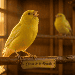 chant du canari femelle sur perchoir en lumière dorée