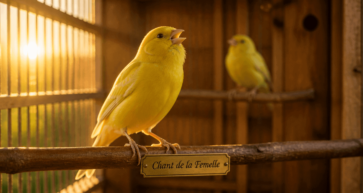 chant du canari femelle sur perchoir en lumière dorée