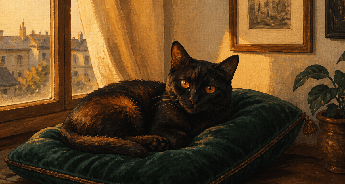 chat noir caractère allongé coussin salon