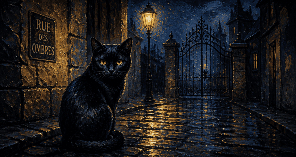 chat noir message spirituel sous lampadaire