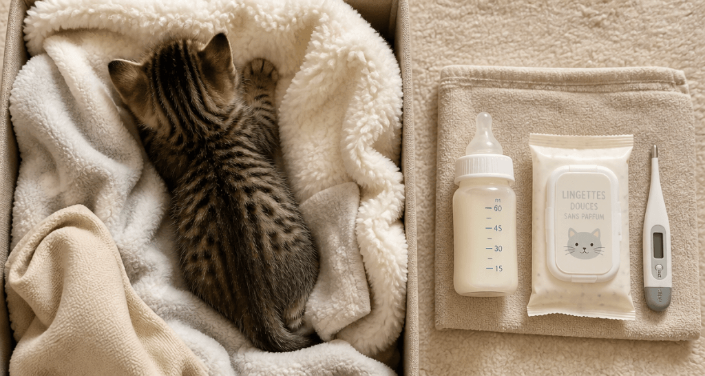 chaton non sevré dans boîte avec biberon et soins