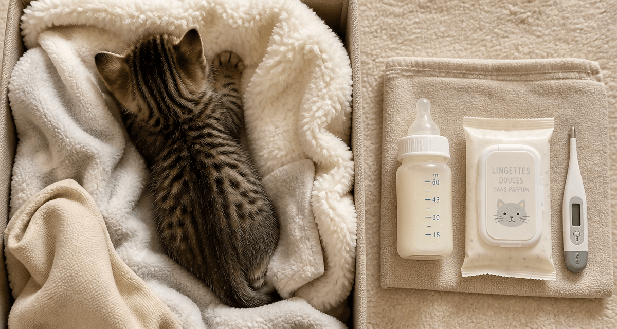 chaton non sevré dans boîte avec biberon et soins