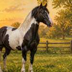 cheval pie tobiano dans un pré