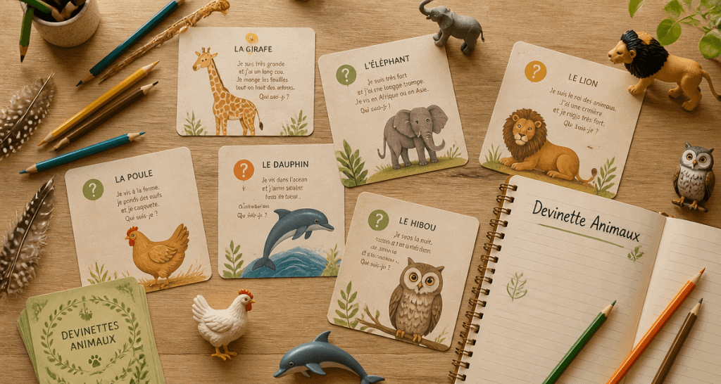 Devinette animaux cartes et jouets sur table
