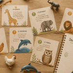 Devinette animaux cartes et jouets sur table