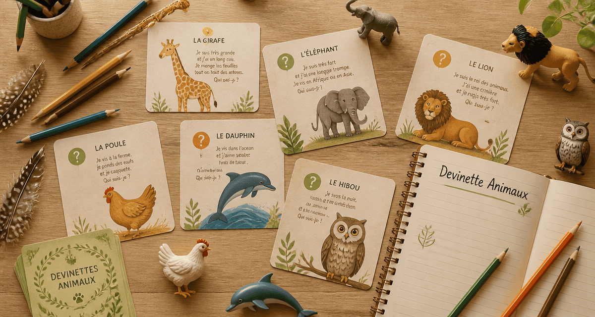 Devinette animaux cartes et jouets sur table