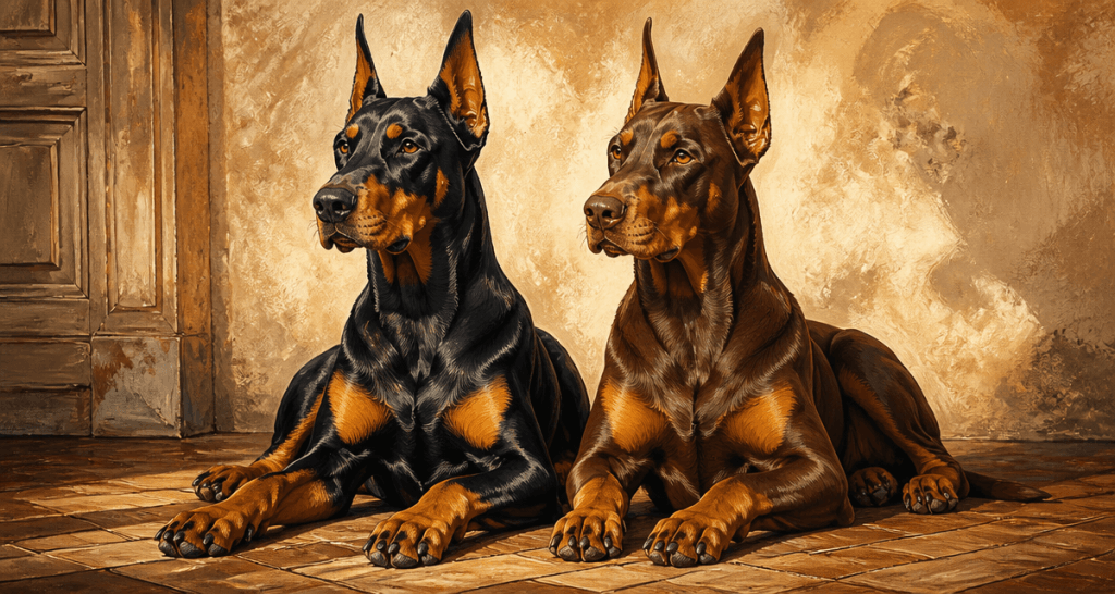 Deux doberman couleur noir et marron feu posant