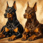 Deux doberman couleur noir et marron feu posant