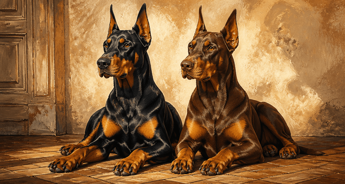 Deux doberman couleur noir et marron feu posant