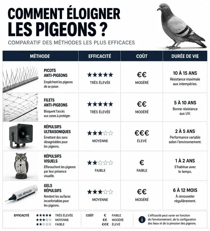 Tableau comparatif des méthodes pour éloigner les pigeons : efficacité et coût des répulsifs