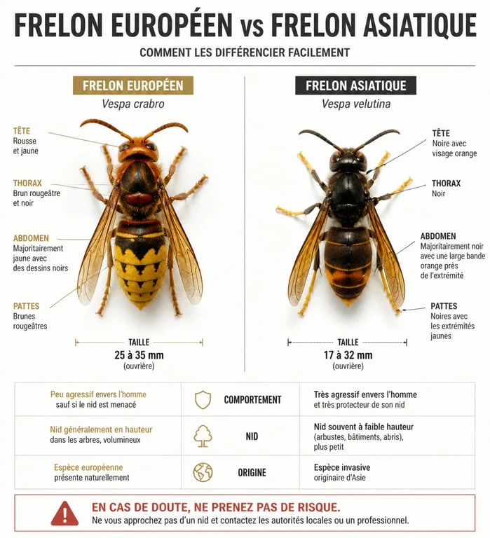 Comparaison visuelle entre le frelon européen et le frelon asiatique pour identifier les différences