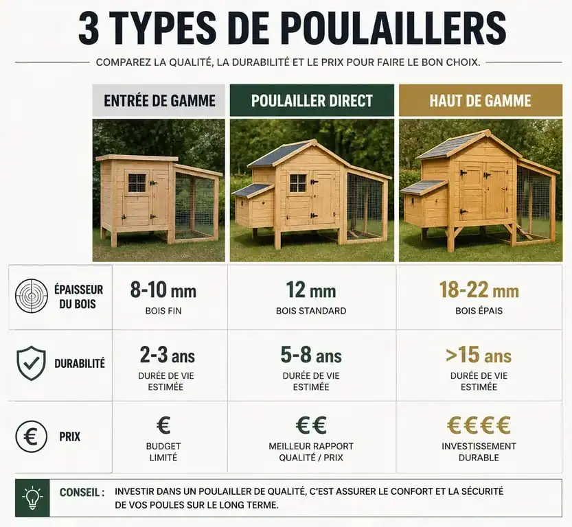 Comparatif des caractéristiques techniques et durabilité des poulaillers : Poulailler Direct vs Entrée de gamme vs Haut de gamme