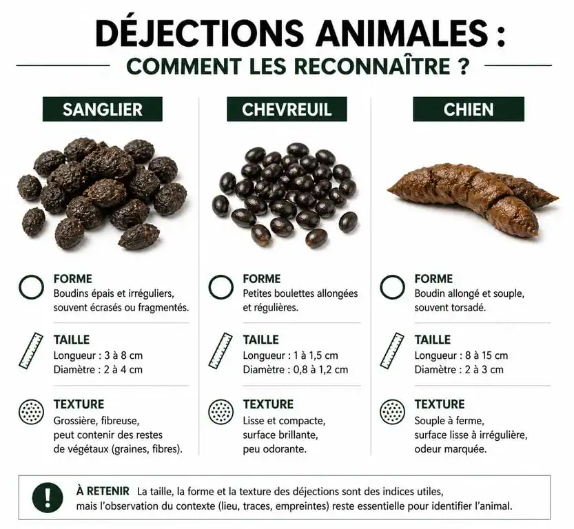 Comparatif visuel des crottes de sanglier, chevreuil et chien pour identification