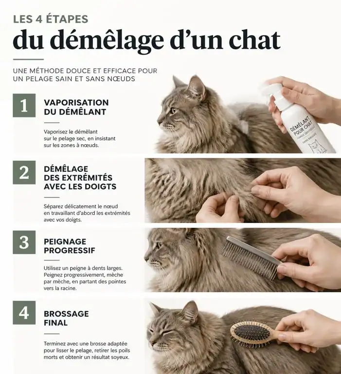 Infographie des étapes pour utiliser un démêlant pour chat efficacement