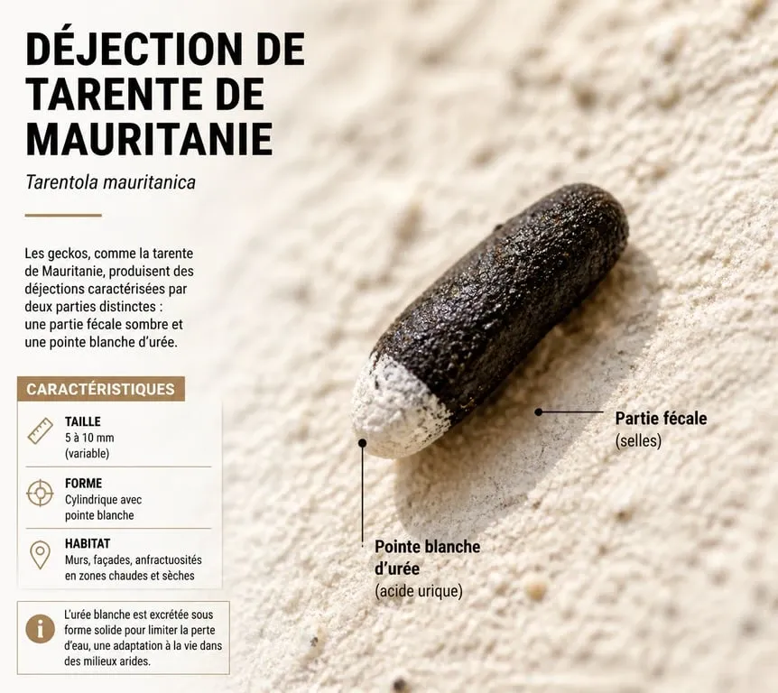 Gros plan d'une crotte de tarente de Mauritanie avec sa pointe blanche caractéristique sur un mur