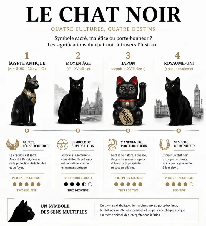 Infographie comparative des significations spirituelles et culturelles du chat noir à travers les époques et pays