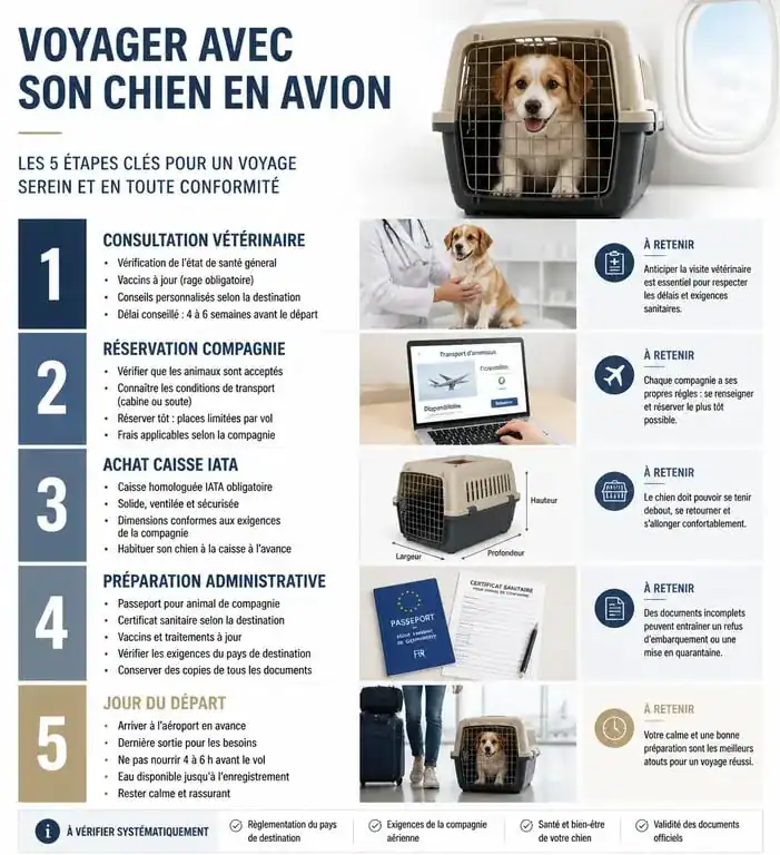 Infographie des étapes pour voyager avec son chien en avion