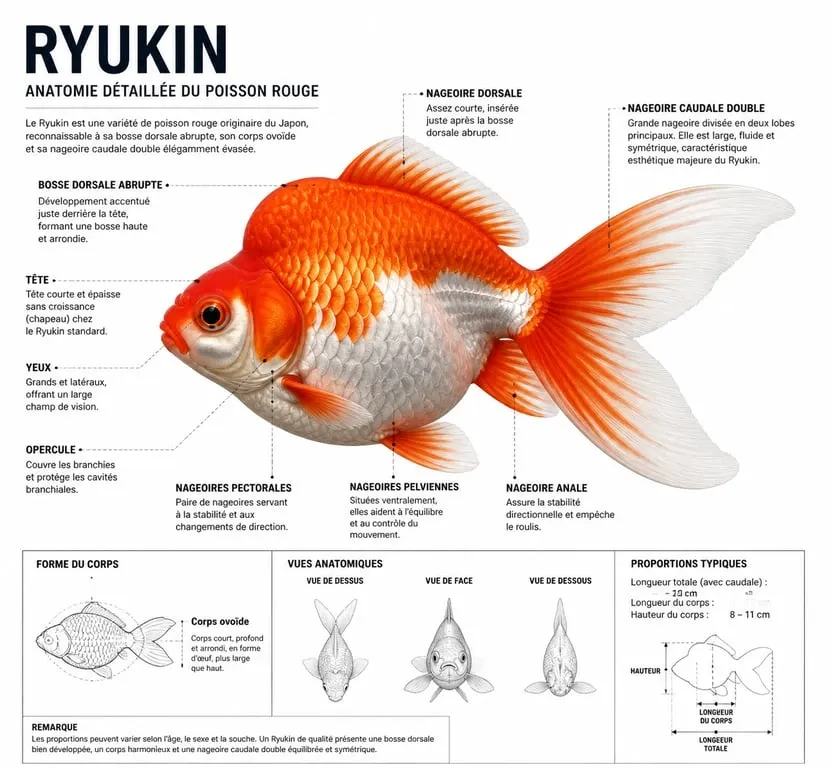 Schéma anatomique d'un poisson rouge Ryukin montrant sa bosse dorsale et sa queue double