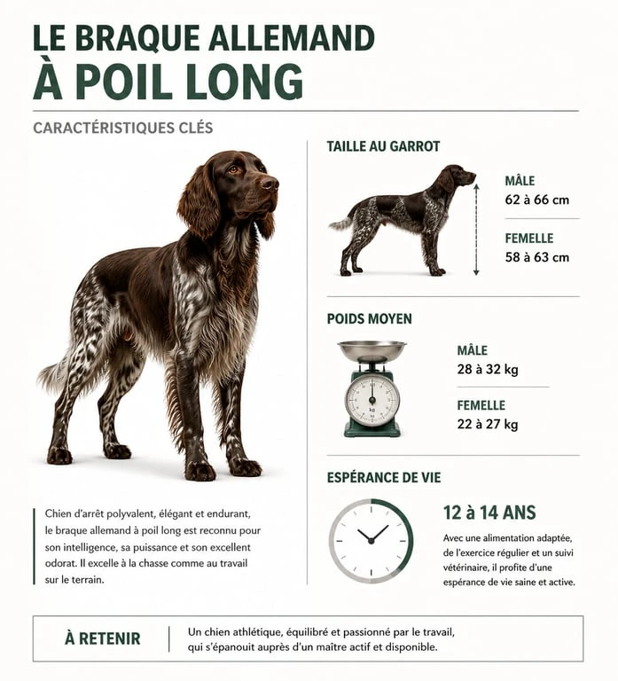 Infographie des caractéristiques physiques et espérance de vie du braque allemand à poil long