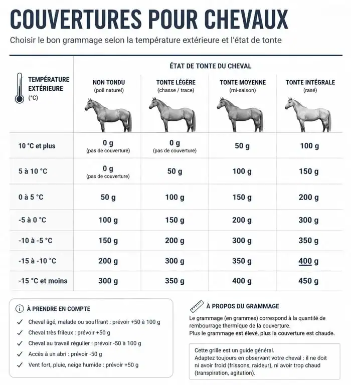 Infographie comparative des grammages de couverture pour cheval selon la température et la tonte