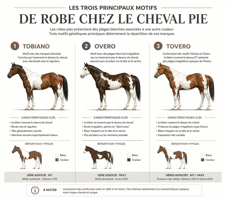 Schéma explicatif des différents motifs de robe chez le cheval pie : Tobiano, Overo et Tovero
