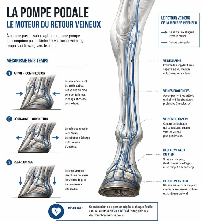 Schéma explicatif du mécanisme de la pompe podale chez le cheval pour comprendre l'engorgement des membres