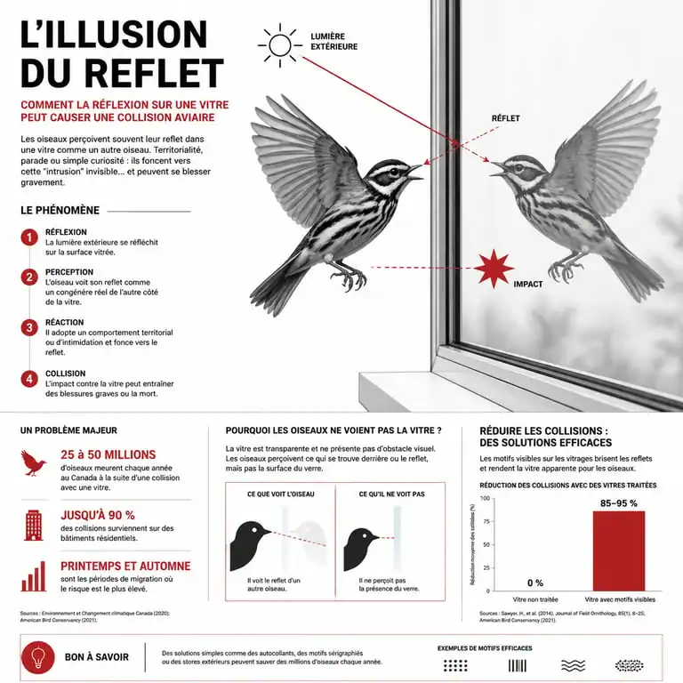 Schéma explicatif du phénomène de réflexion sur vitre causant des collisions d'oiseaux