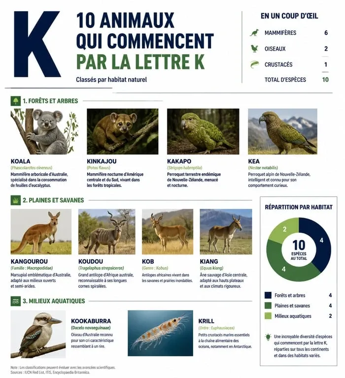 Infographie récapitulative des animaux commençant par la lettre K, classés par habitat et type.