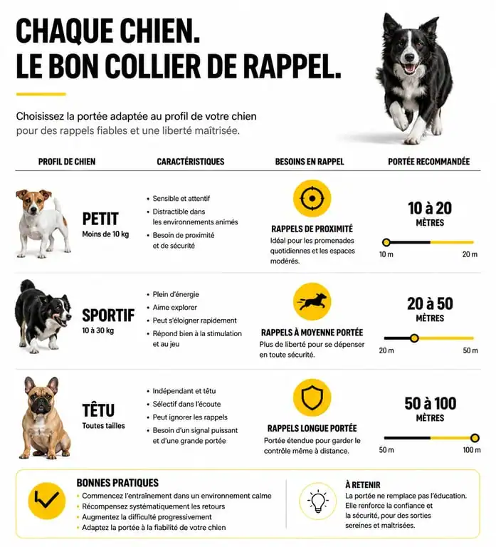 Infographie comparative des besoins en collier de rappel selon le profil du chien
