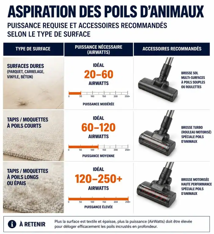Infographie des critères techniques pour choisir le meilleur aspirateur sans fil pour poils d'animaux