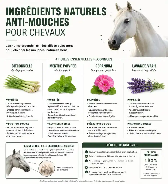 Infographie des ingrédients naturels pour anti-mouche cheval maison