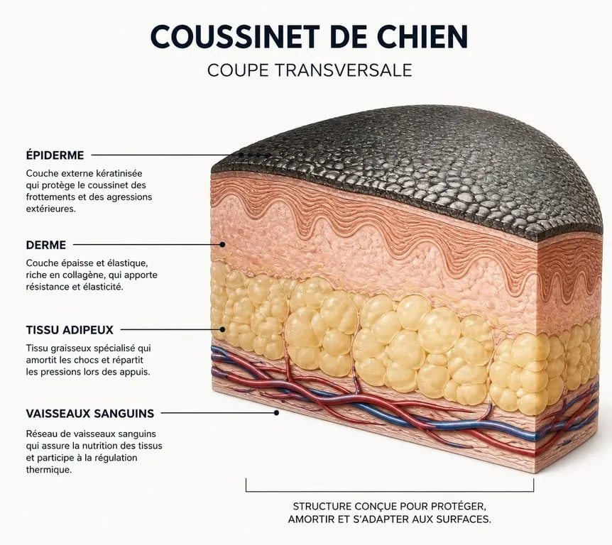 Schéma anatomique d'un coussinet de chien montrant les couches de tissus pour comprendre la cicatrisation après un coussinet arraché.