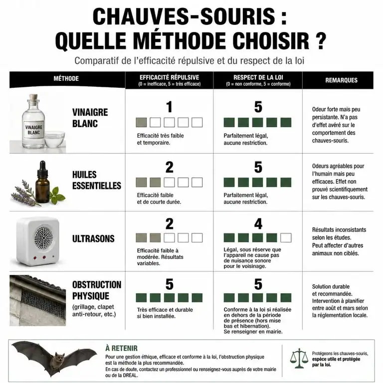 Infographie comparative des méthodes de gestion des chauves-souris : vinaigre blanc, huiles essentielles, ultrasons et obstruction physique.
