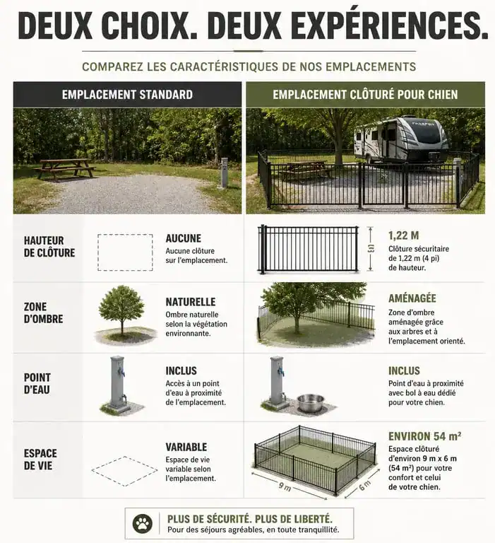 Comparatif des caractéristiques d'un emplacement de camping clôturé pour chien