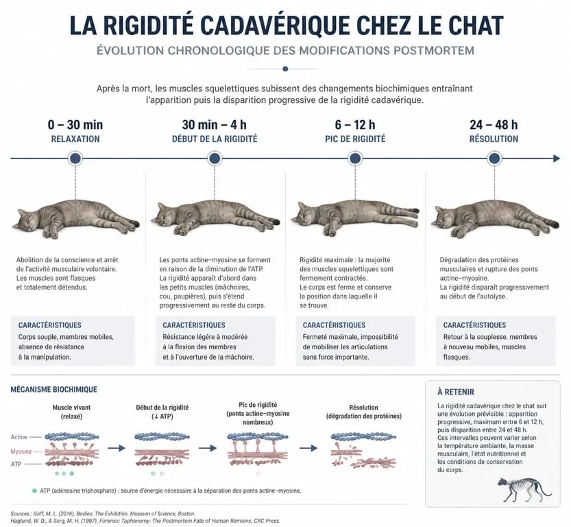 Infographie des étapes de la rigidité cadavérique chez le chat après le décès