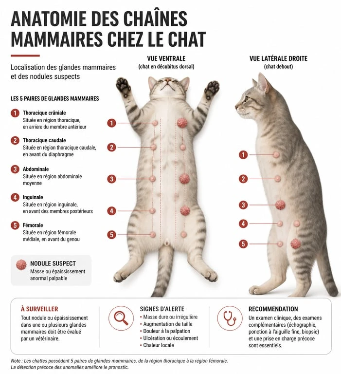 Schéma anatomique des chaînes mammaires chez le chat pour identifier une tumeur mammaire