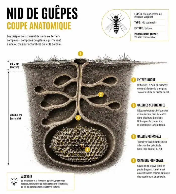 Schéma de la structure d'un nid de guêpe dans le sol