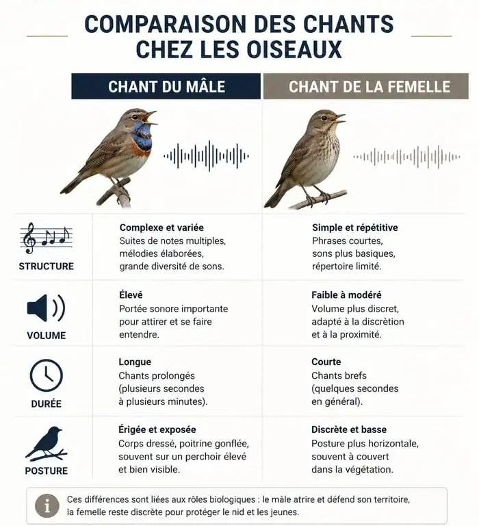 Infographie comparative des caractéristiques du chant du canari mâle et femelle