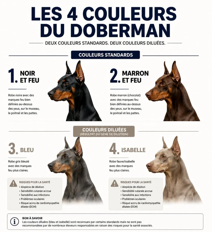 Infographie comparative des couleurs de robe du Doberman : noir et feu, marron et feu, bleu et isabelle, illustrant les standards et les risques sanitaires liés à la génétique.