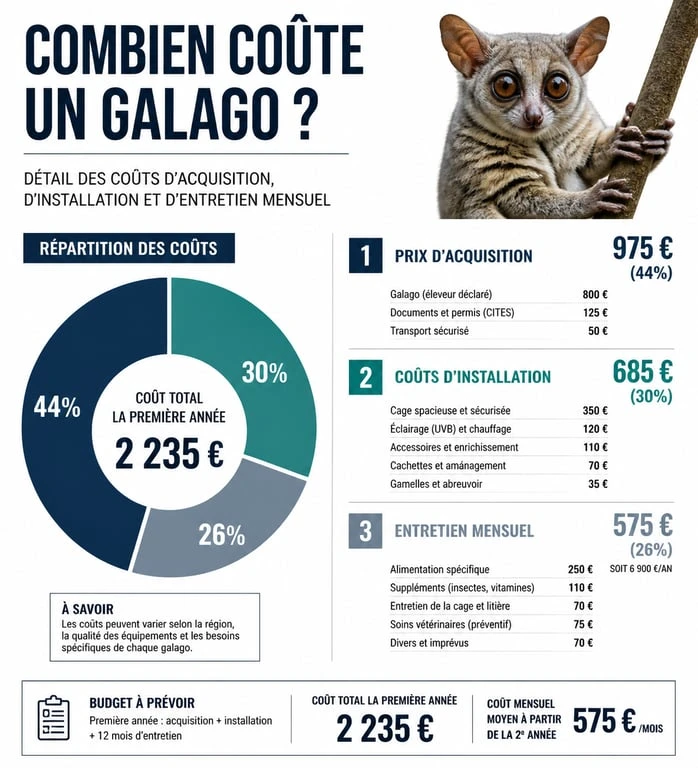 Infographie des coûts d'acquisition et d'entretien d'un galago en France