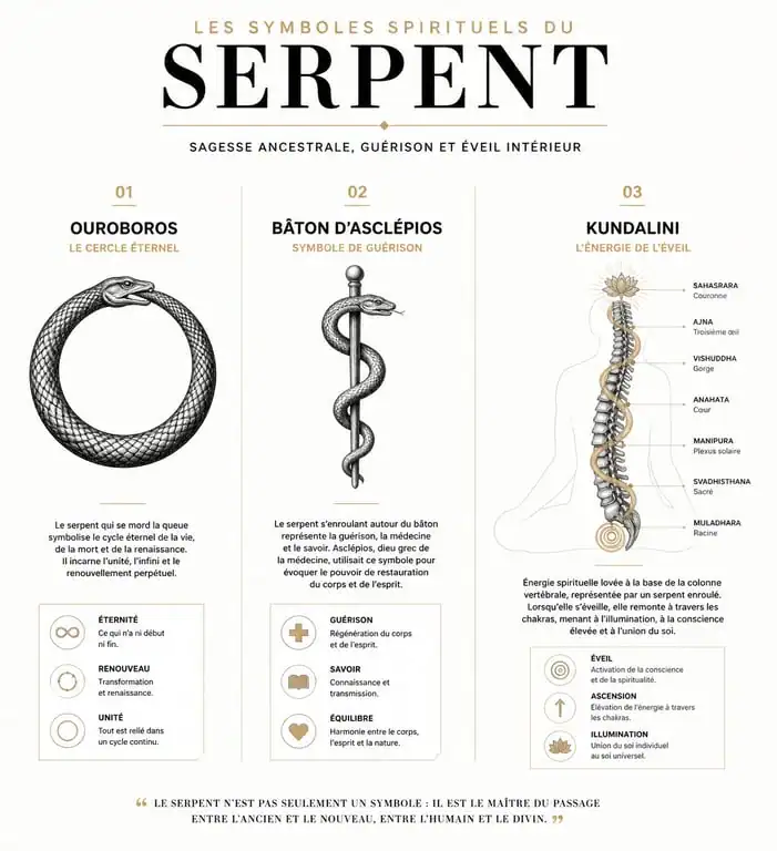 Signification spirituelle du serpent : infographie des symboles de l'Ouroboros, du bâton d'Asclépios et de la Kundalini
