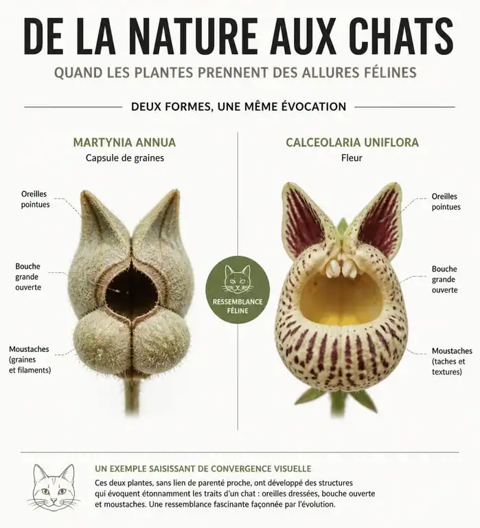 Plantes ressemblant à des chats : Martynia annua et Calceolaria uniflora, fleurs en forme de chat.