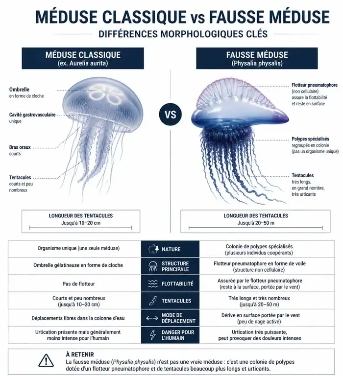 Infographie comparative pour identifier une fausse méduse méditerranée par rapport à une méduse classique